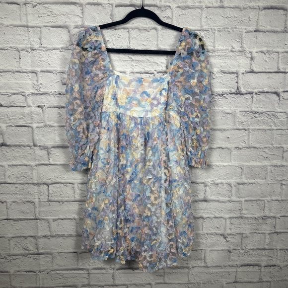 Storia Floral Pastel Flower Ombré Party Babydoll Square Neckline Dress - Picture 4 of 12